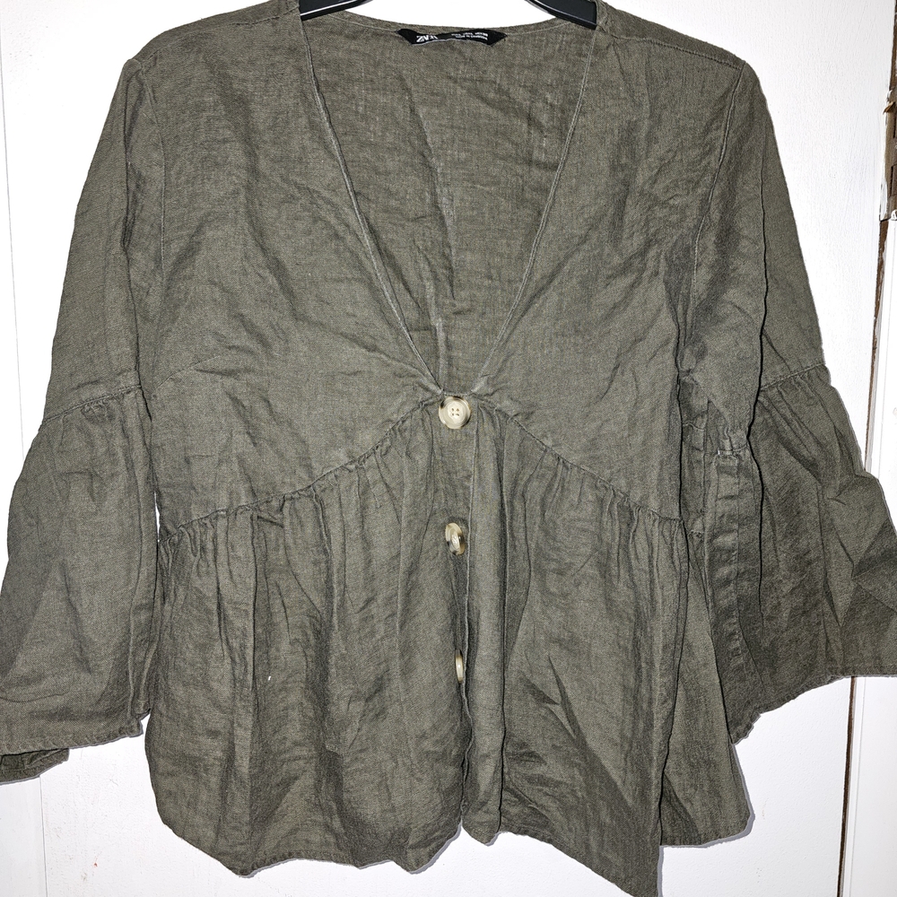Zara Olive Green Boho 3/4 Sleeve Women's Top